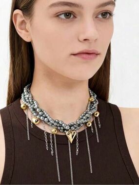 Two-Tone Gold & Silver Heart Fringe Necklace